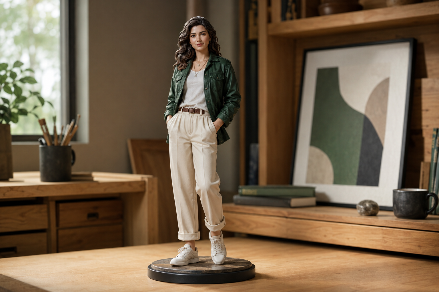 Realistic custom figurine of a woman displayed in a modern creative studio