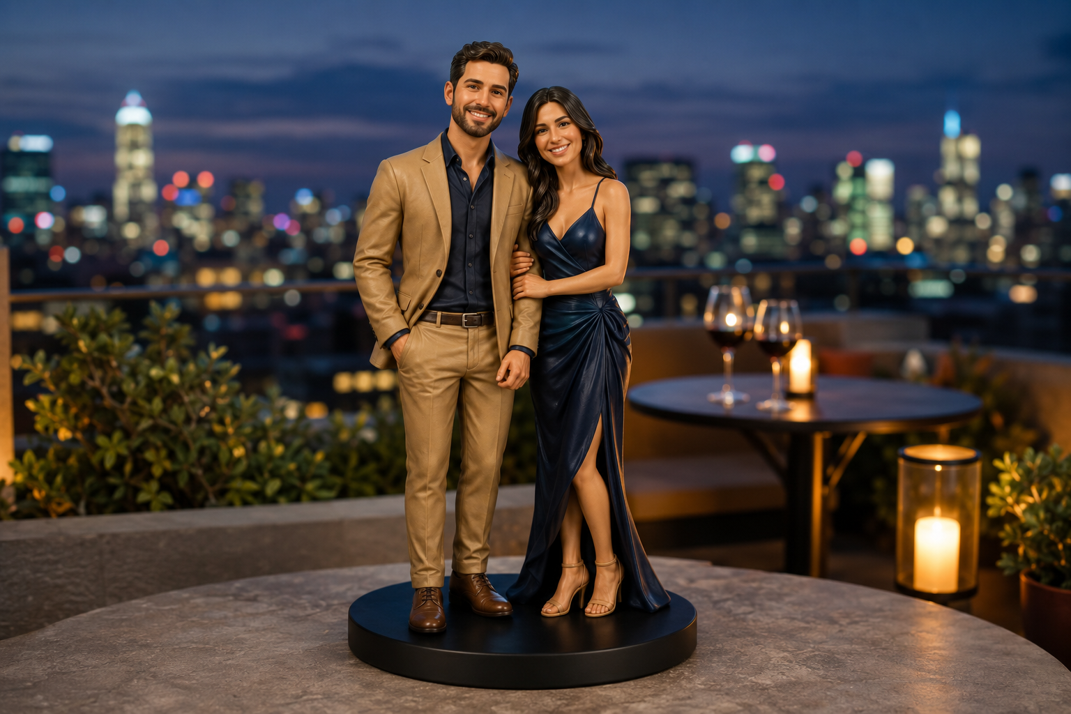 Realistic custom couple figurines displayed against a city skyline at night
