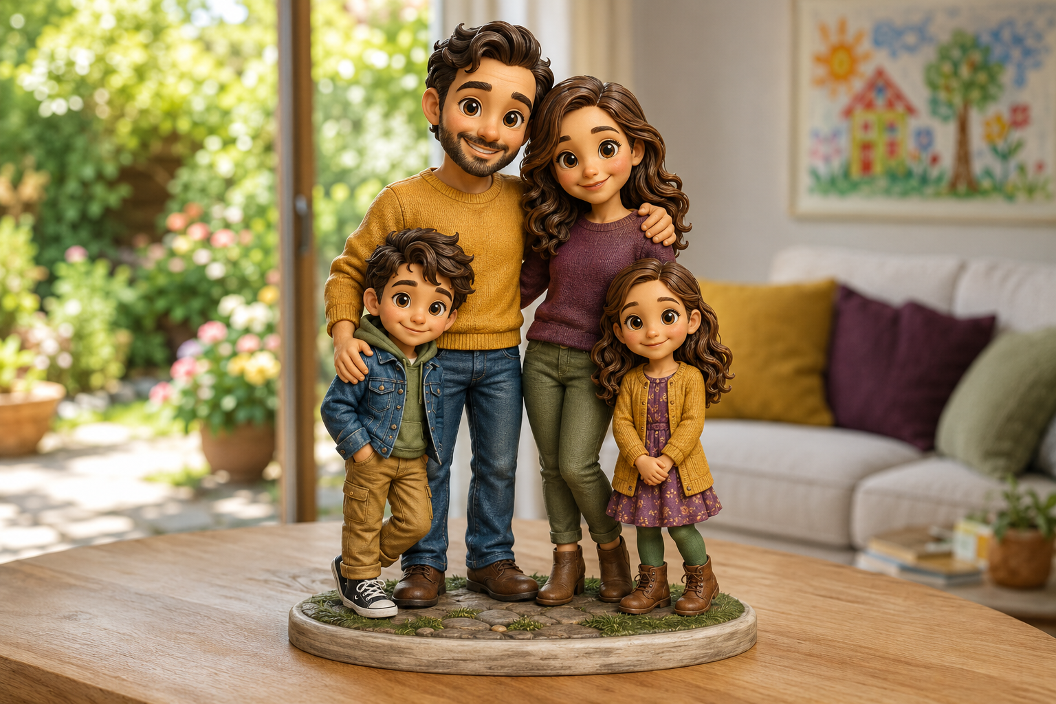 Cartoon-style custom family figurines of two parents and two children in a bright living room