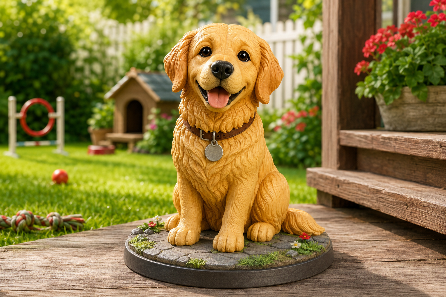 Cartoon-style custom golden retriever figurine displayed in a sunny garden