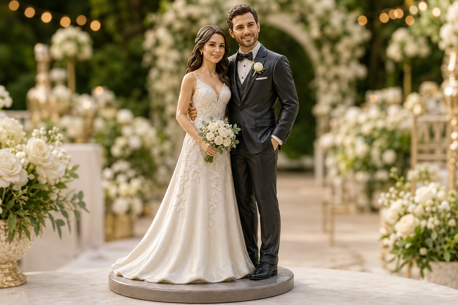 Realistic custom bride and groom figurines displayed at an elegant outdoor wedding