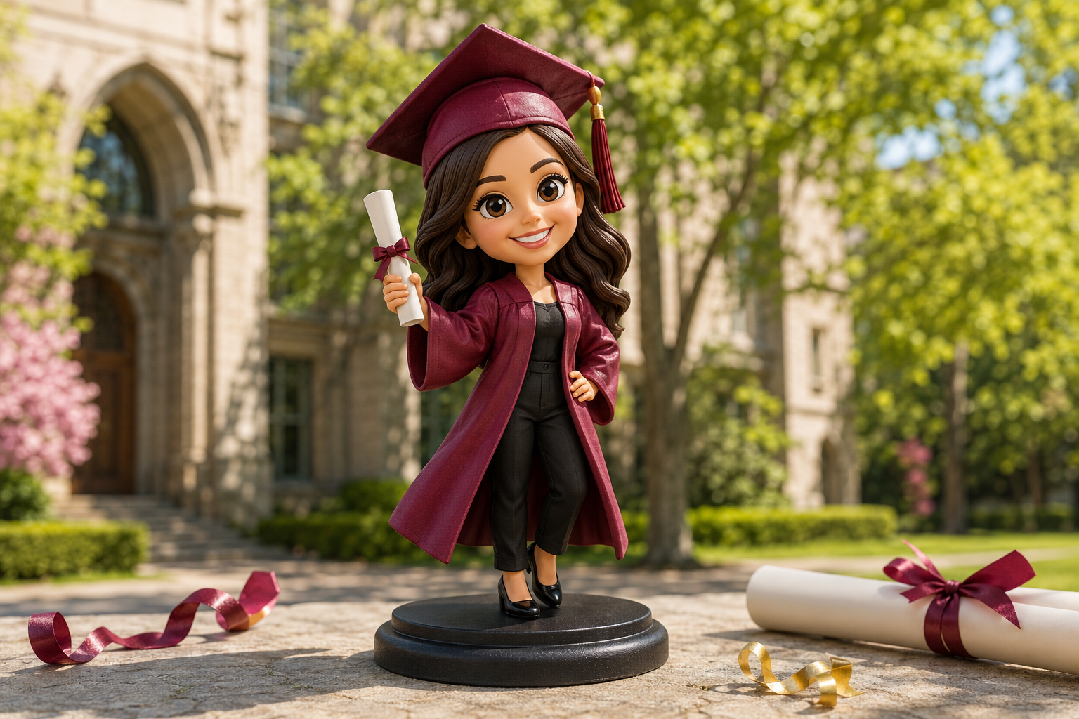 Cartoon-style custom graduate figurine in a burgundy cap and gown on a university campus