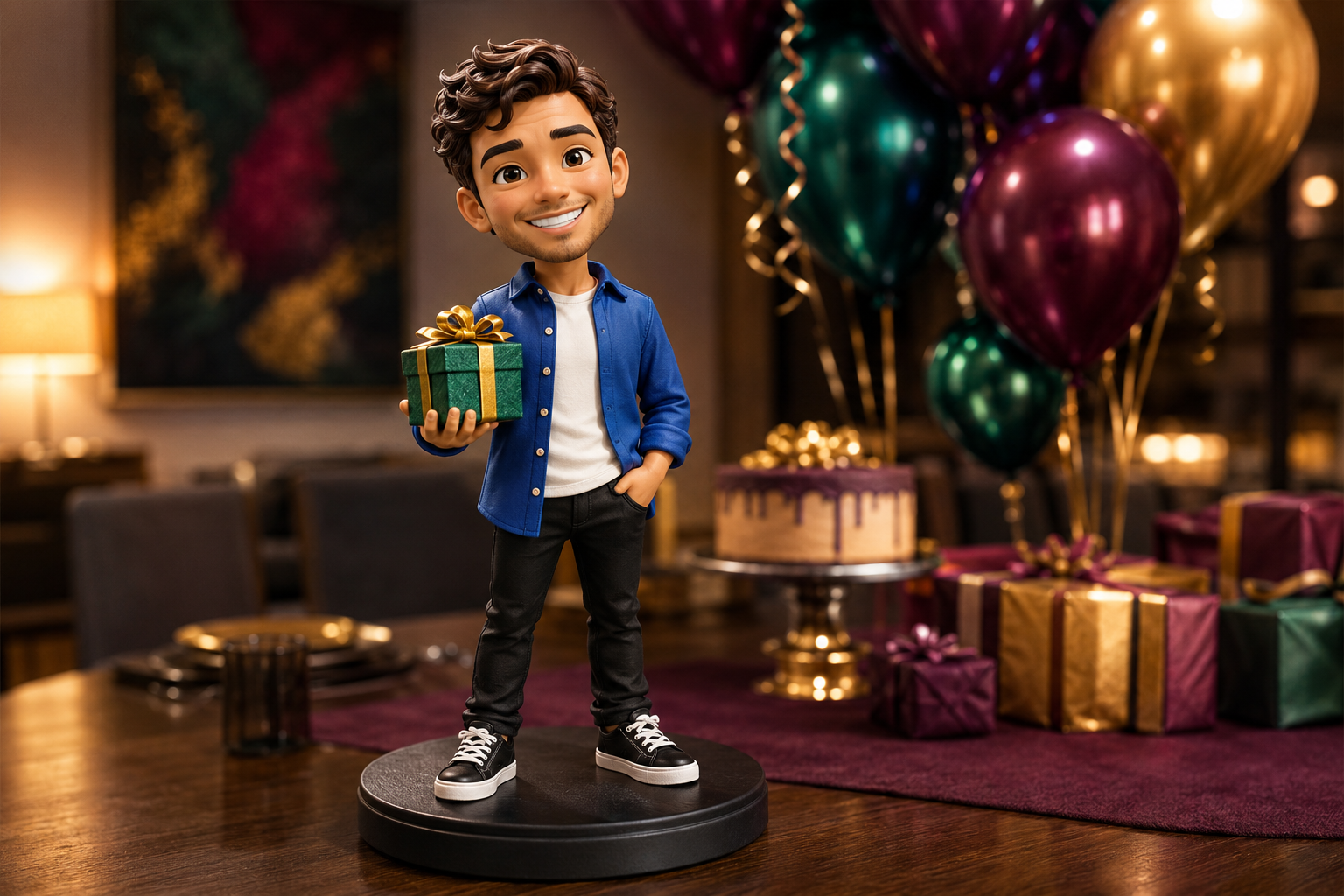 Cartoon-style custom male figurine holding a gift at a colorful birthday party