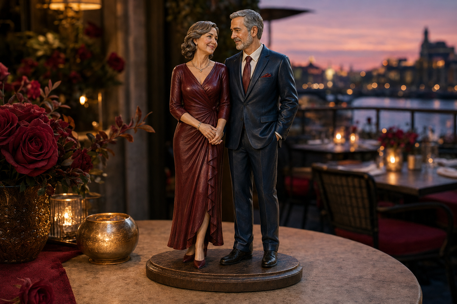 Realistic custom anniversary couple figurines in an elegant romantic evening setting