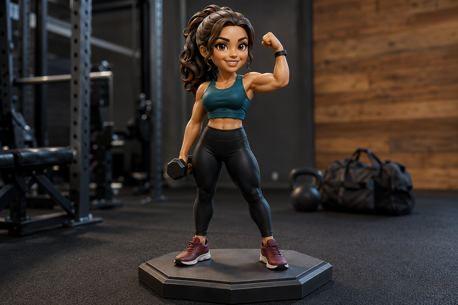 Cartoon-style custom female fitness figurine holding a dumbbell in a modern gym