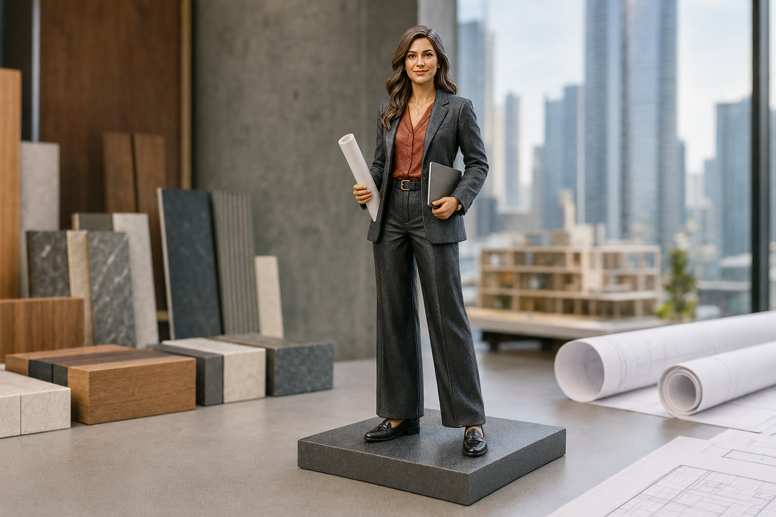 Realistic custom female architect figurine displayed with blueprints and material samples in a modern office