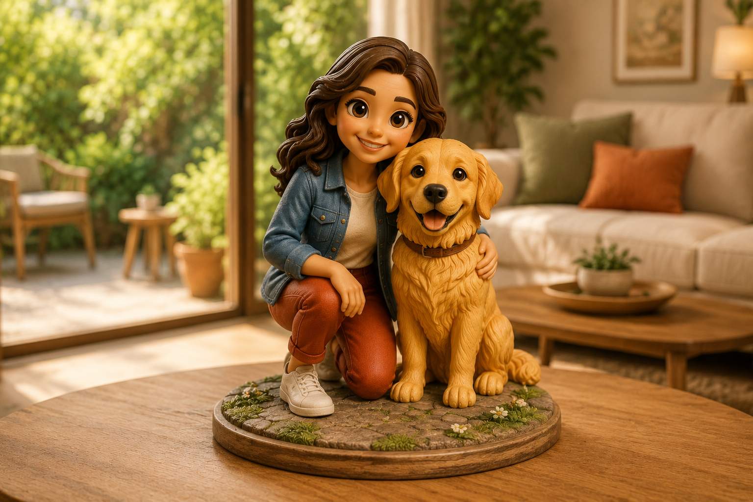 Cartoon-style custom golden retriever figurine displayed in a sunny garden