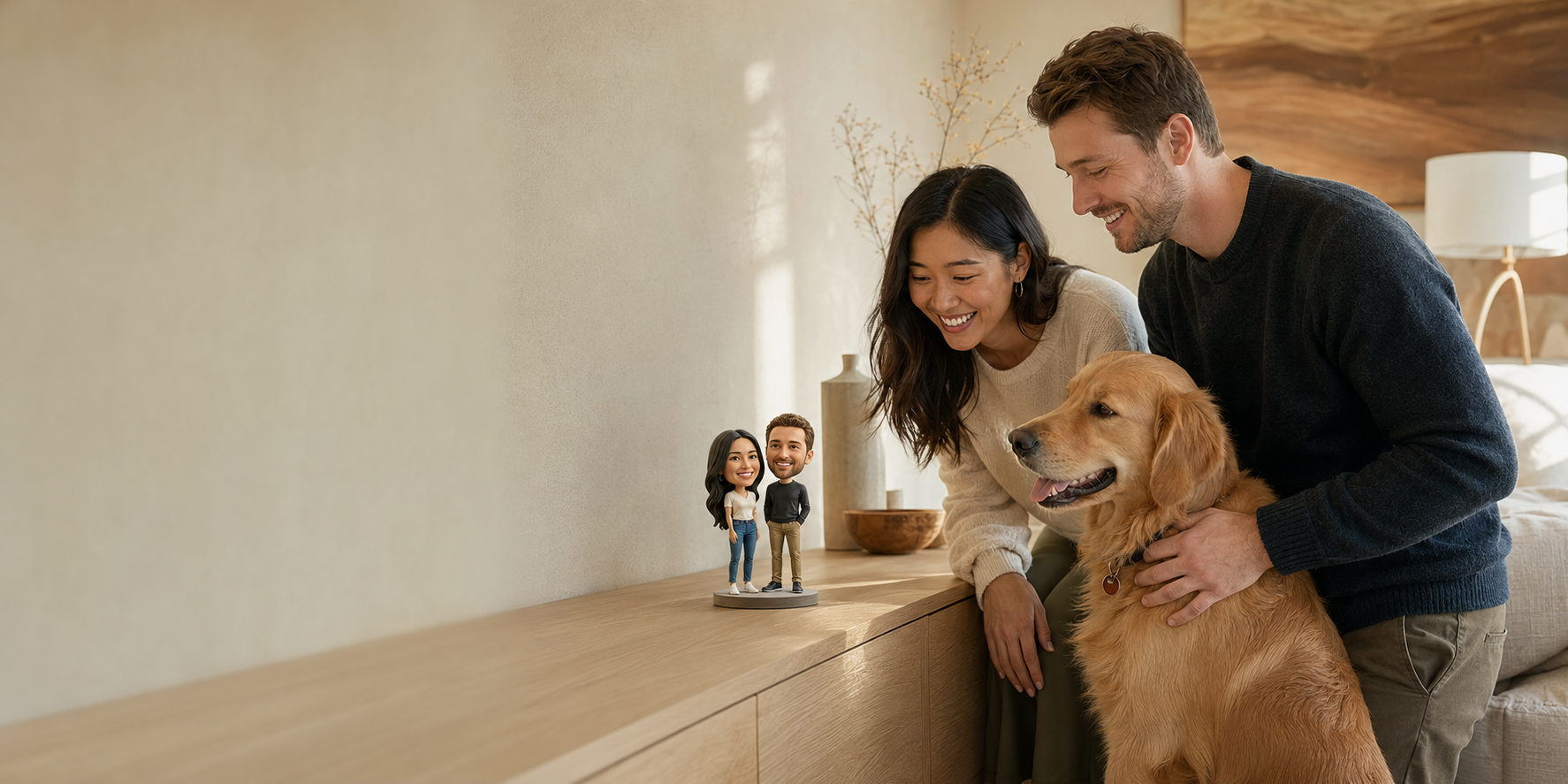 A couple and their dog admiring their personalized SnapFig figurines