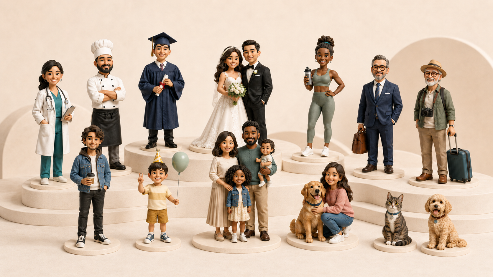 A diverse gallery of custom SnapFig people and pet figurines