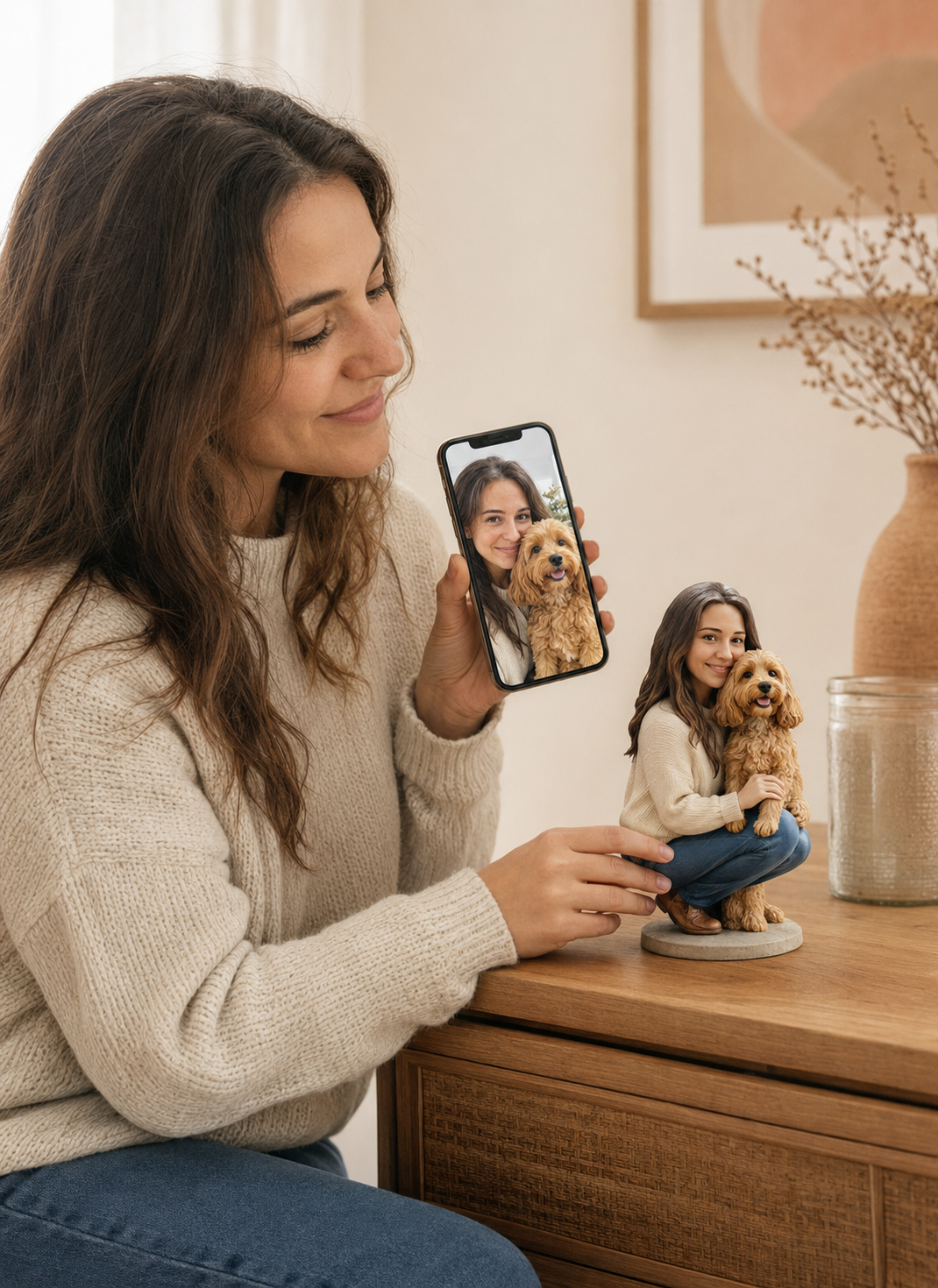 A woman comparing a favorite photo with her personalized SnapFig figurine
