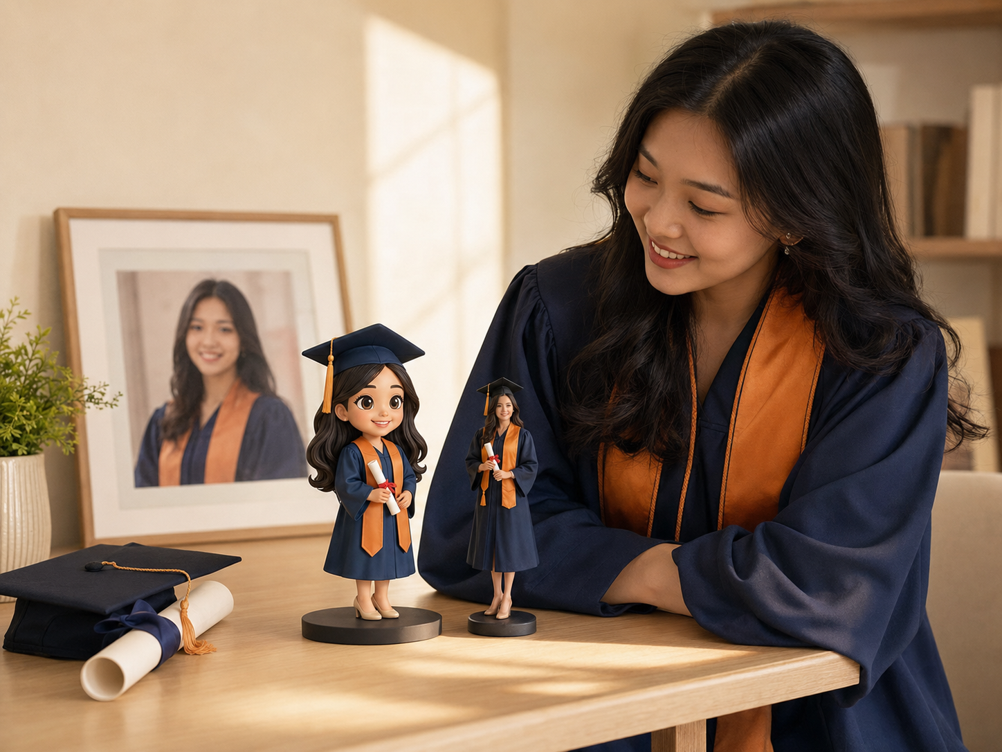 A personalized figurine of a woman and her golden retriever held beside its real-life subjects